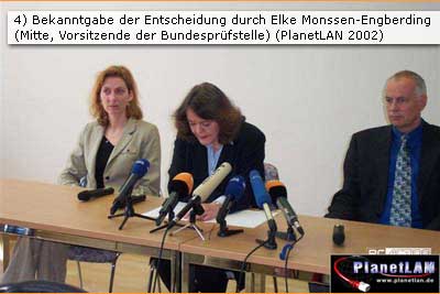 Abbildung 4: Bekanntgabe der Entscheidung durch Elke Monssen-Engberding (Mitte, Vorsitzende der Bundesprüfstelle) (PlanetLAN 2002)